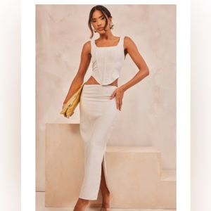 Pretty Little Thing Stone Linen Look Front Corse & Low Rise Midaxi Skirt set